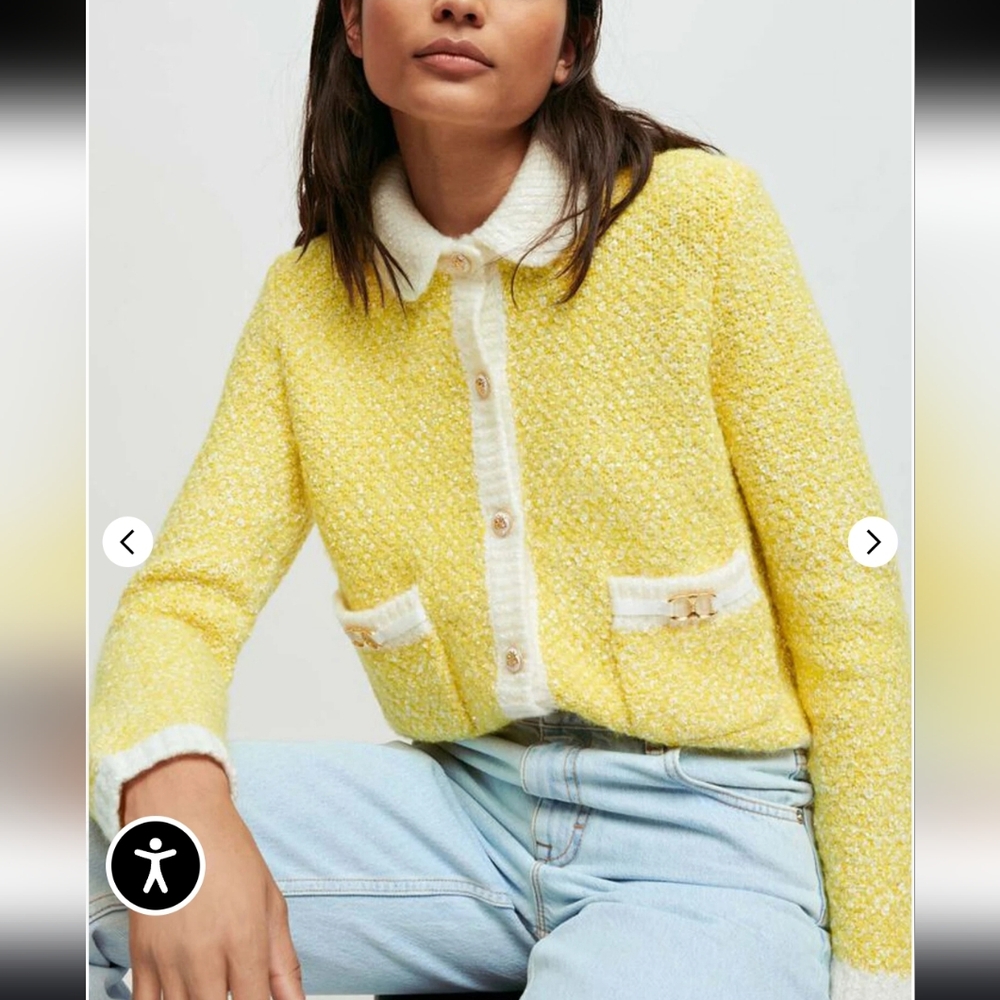 Maje Yellow and White Cardigan Sweater